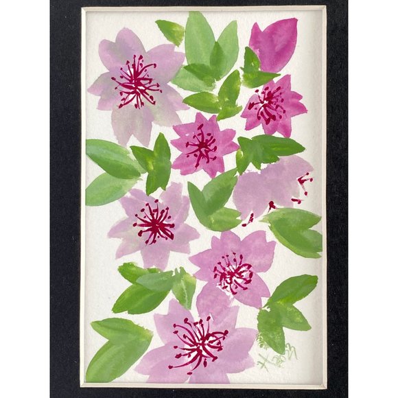 Sakura Spring - Original Wall Art Matted Flower Watercolor Gouache Painting 8x10 - Picture 2 of 5